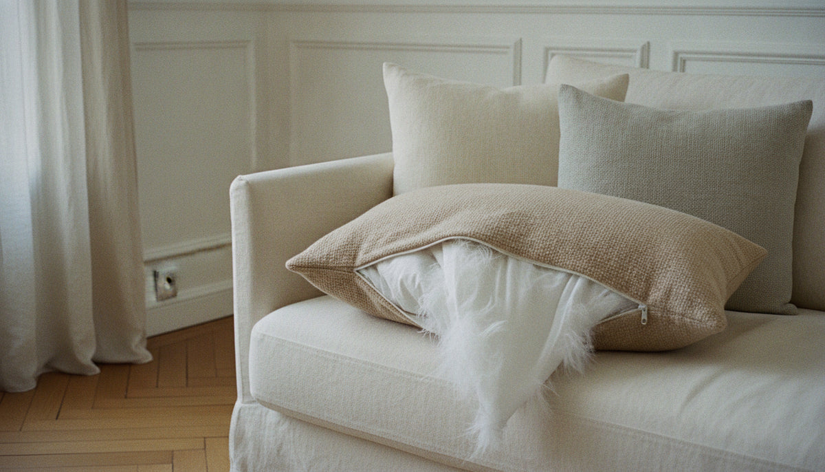 Plump sofa cushion with the cover unzipped showing a larger inner cushion