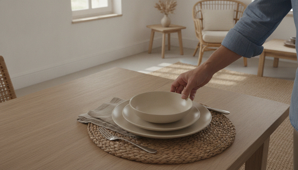 Hands placing a complete plate setting on a dining table