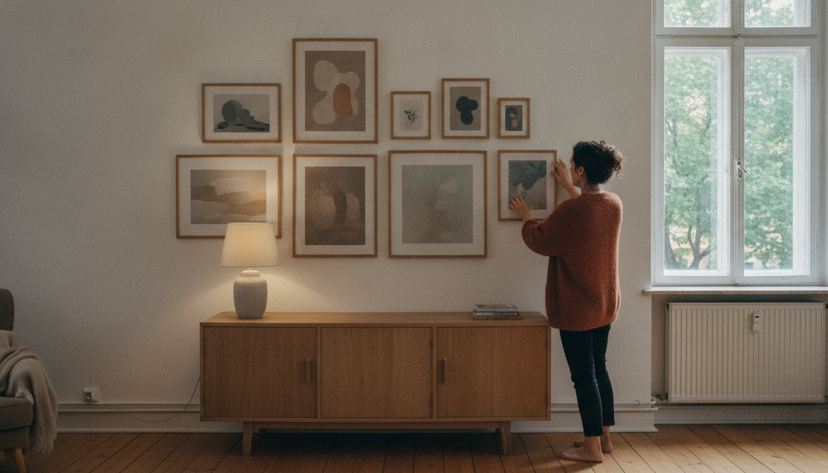 Gallery wall with evenly spaced frames above a sideboard