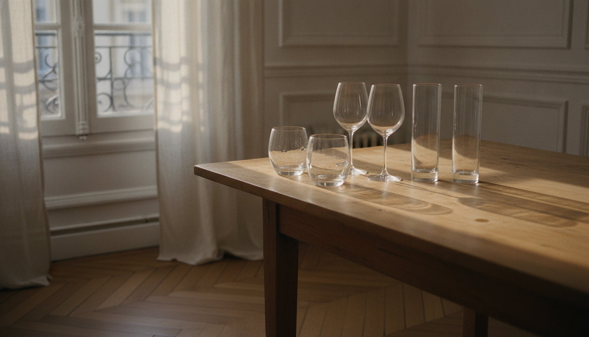 Pairs of water, wine and long drink glasses backlit on a dining table