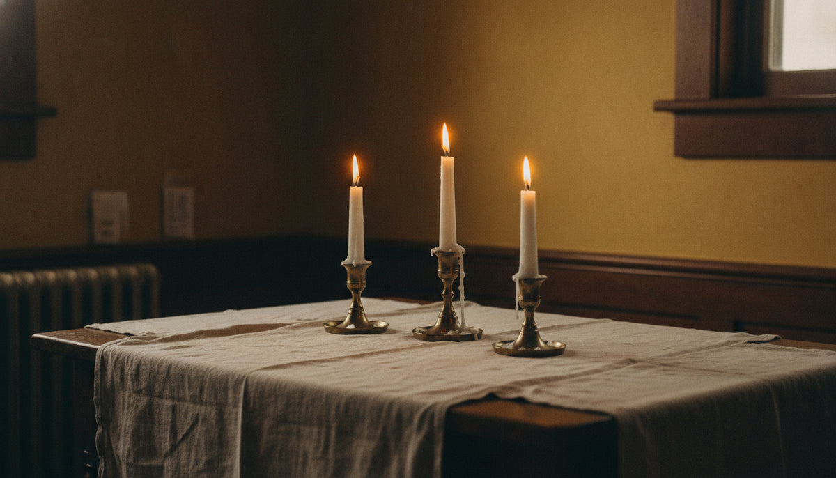Three brass candle holders with lit taper candles on a linen runner
