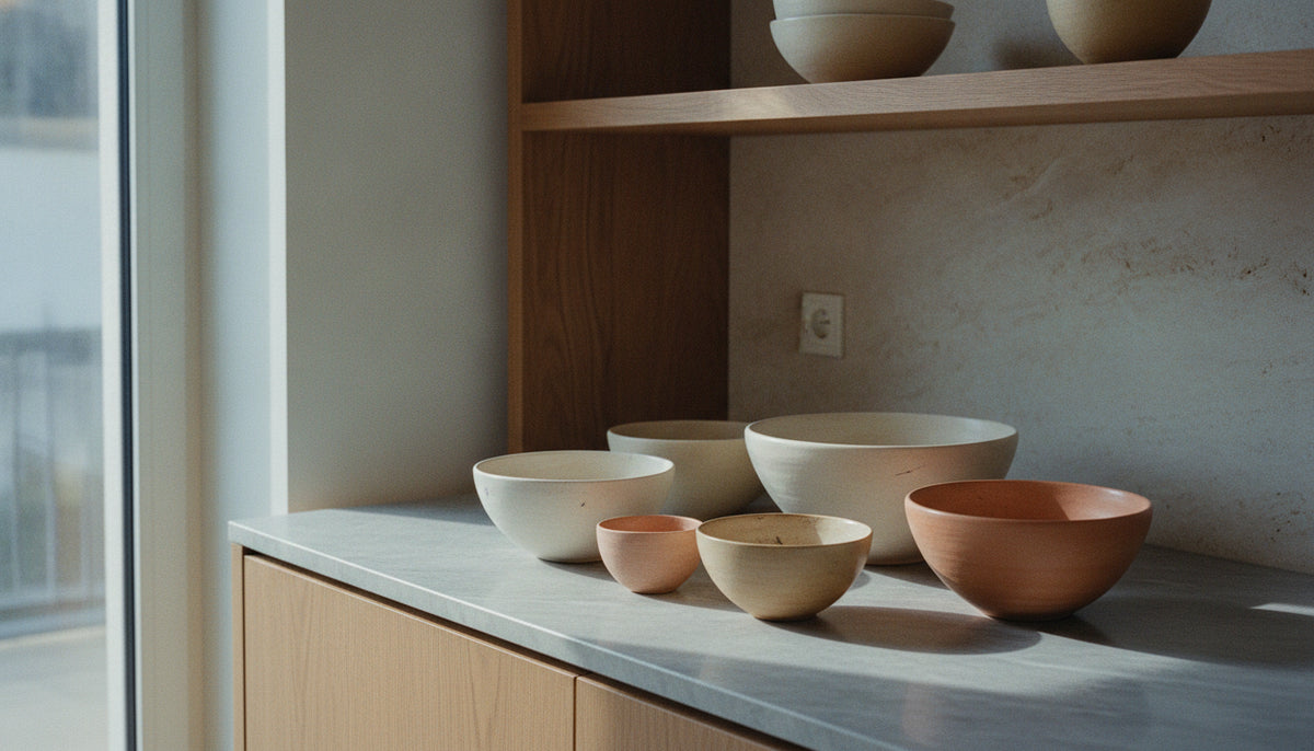 Family of ceramic bowls from small to large on a kitchen counter