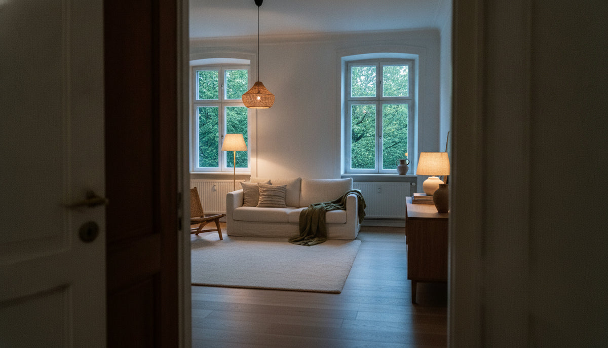 Living room at dusk with a floor lamp, table lamp and pendant each giving their own pool of light