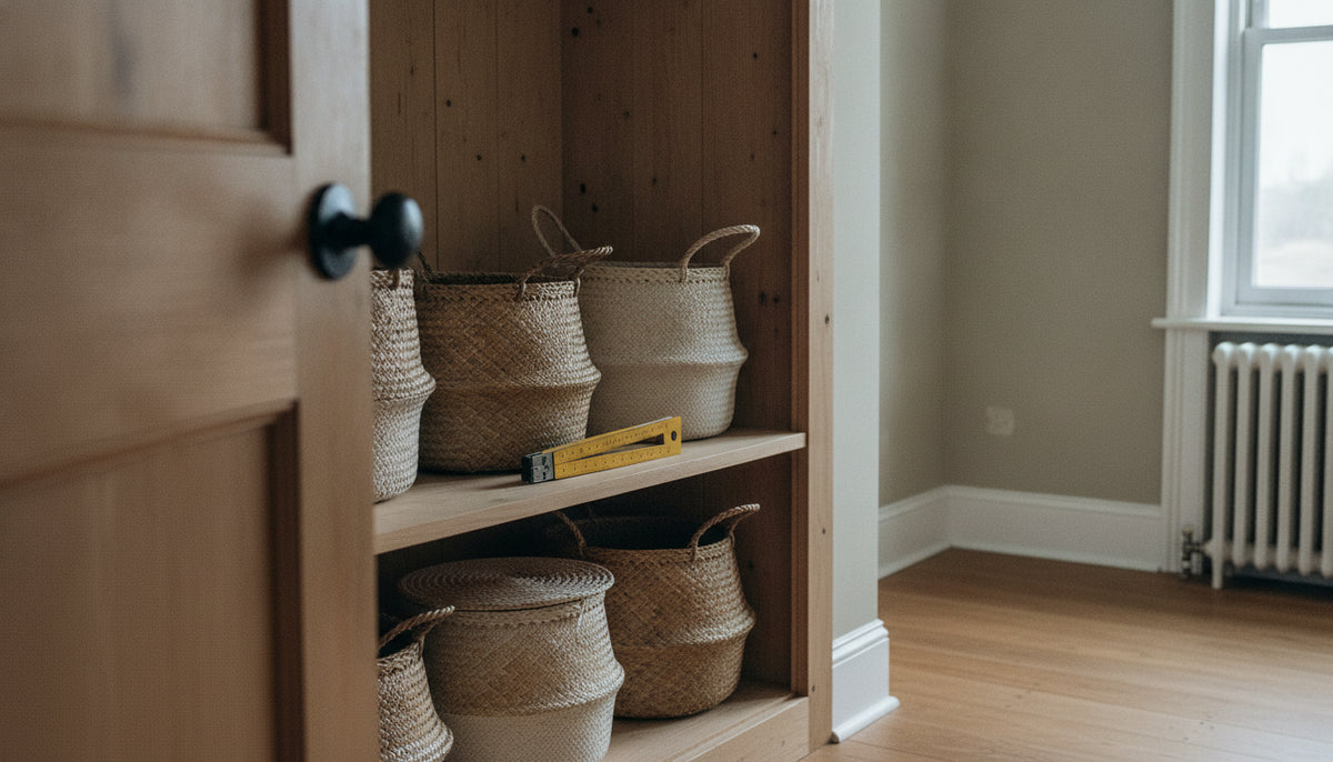 Woven storage baskets fitted on cupboard shelves with a folding ruler