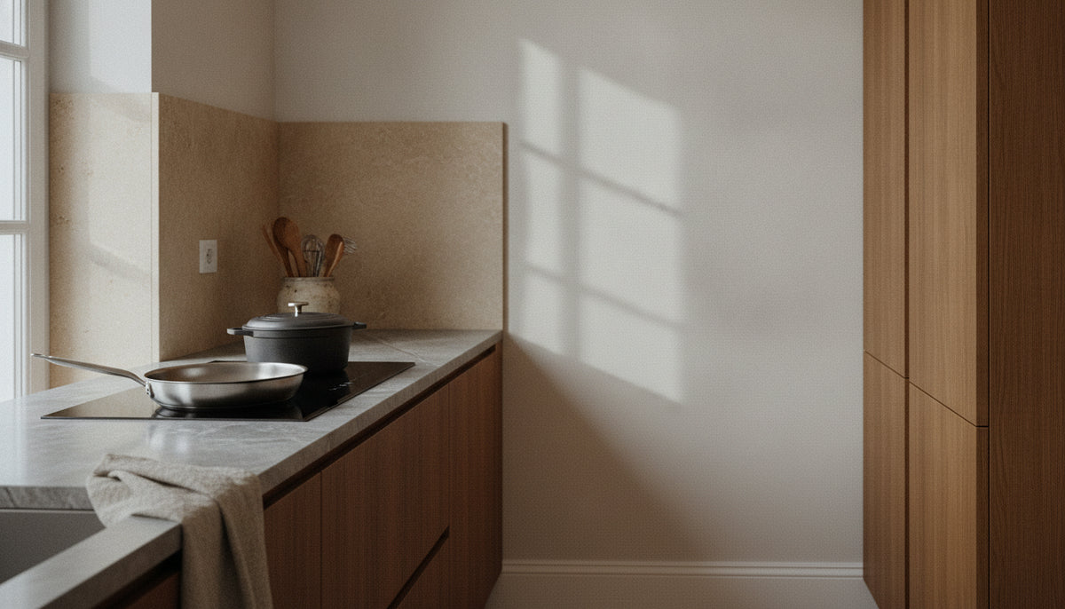 Stainless-steel and cast-iron pans on an induction hob in a stone kitchen