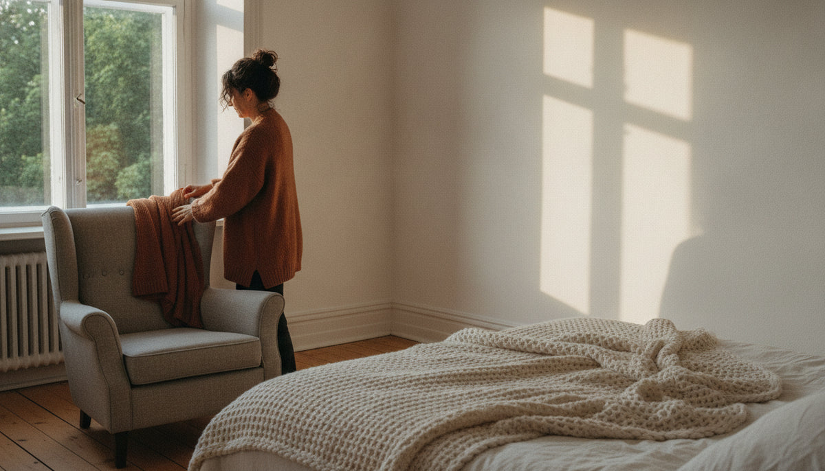 Woman draping a chunky woven throw across the foot of a bed in golden-hour light
