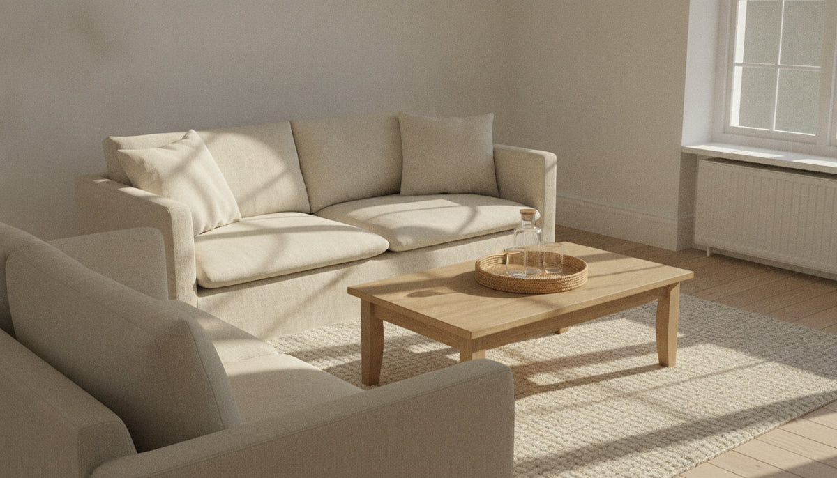Sofa with a wooden coffee table about two thirds of its width