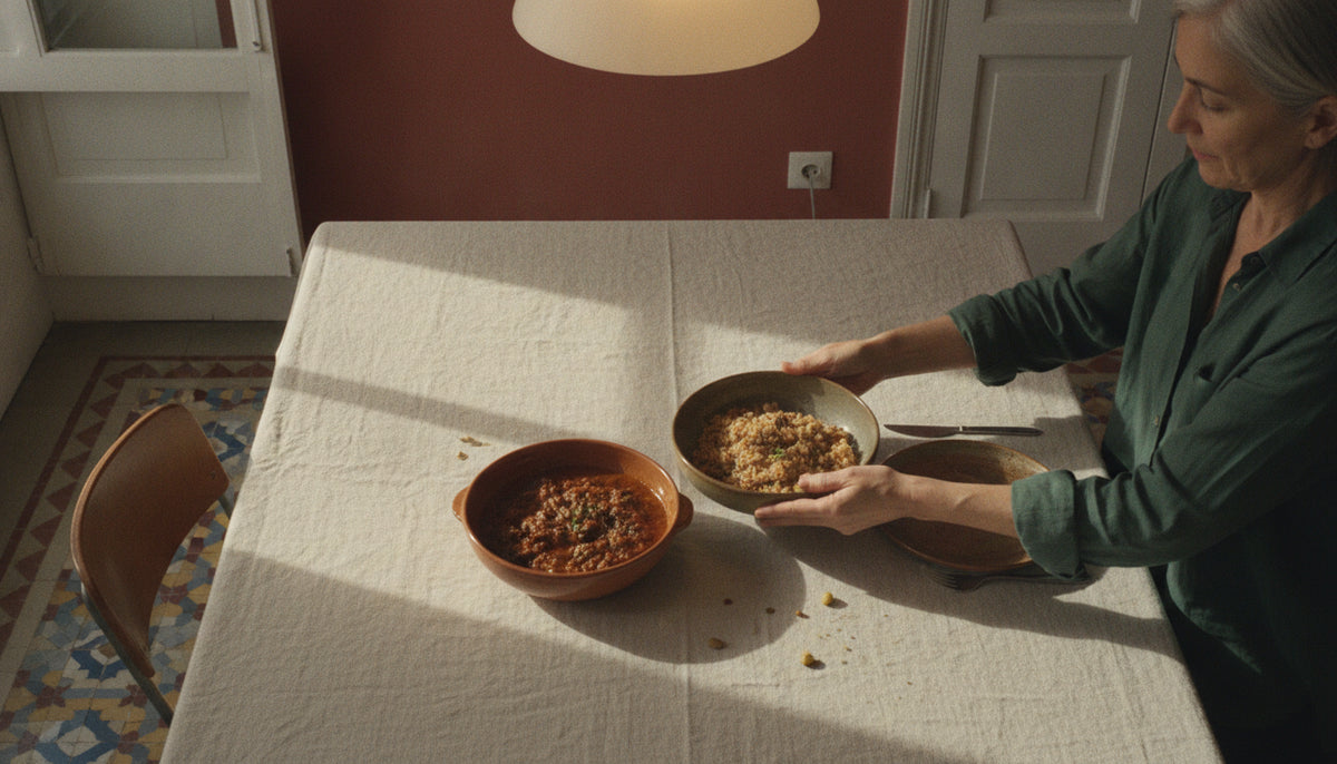 Hands passing a medium serving bowl at a shared dinner table
