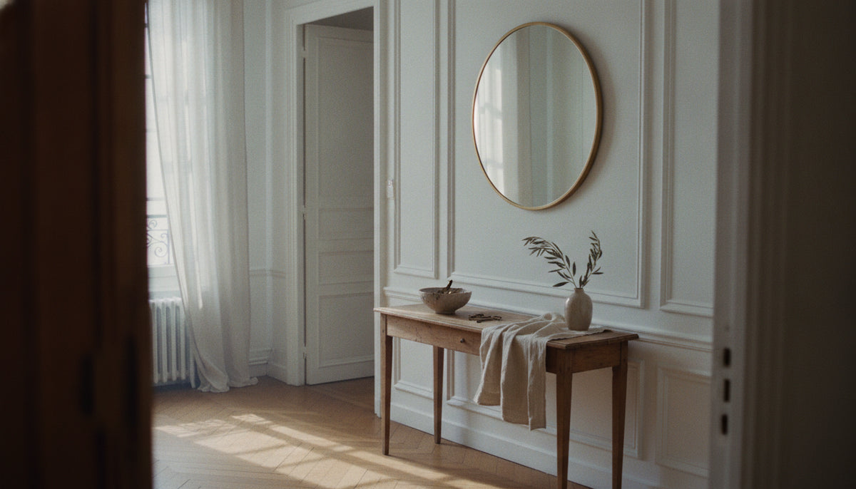 Round mirror hung at eye height above a slim console table in a hallway