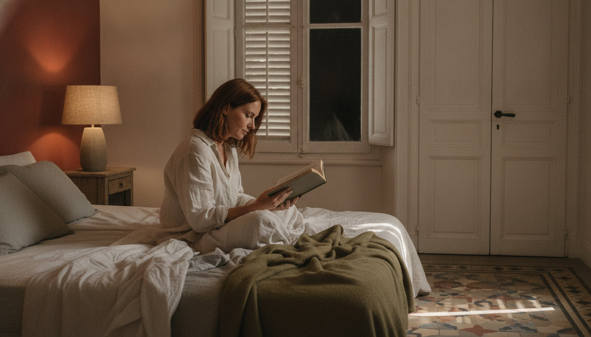 Table lamp with linen shade glowing warm on a nightstand in the evening