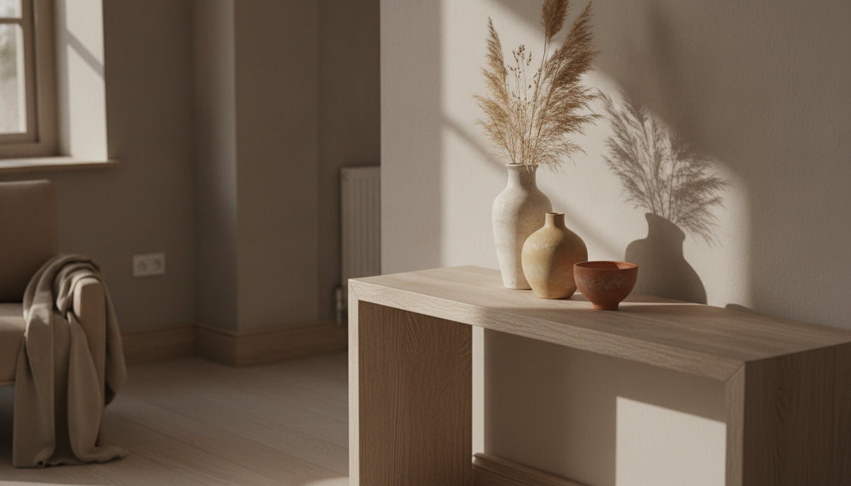 Three ceramic vases of different heights styled on a console table