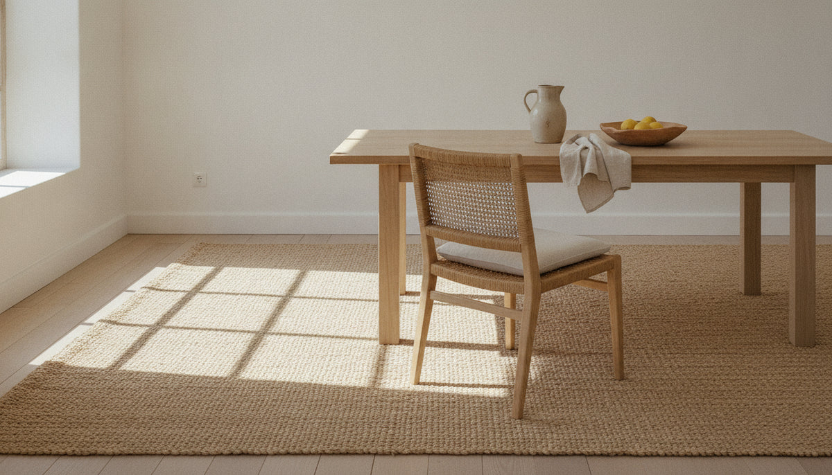 Dining table on a flatweave rug that extends well beyond the pulled-out chair