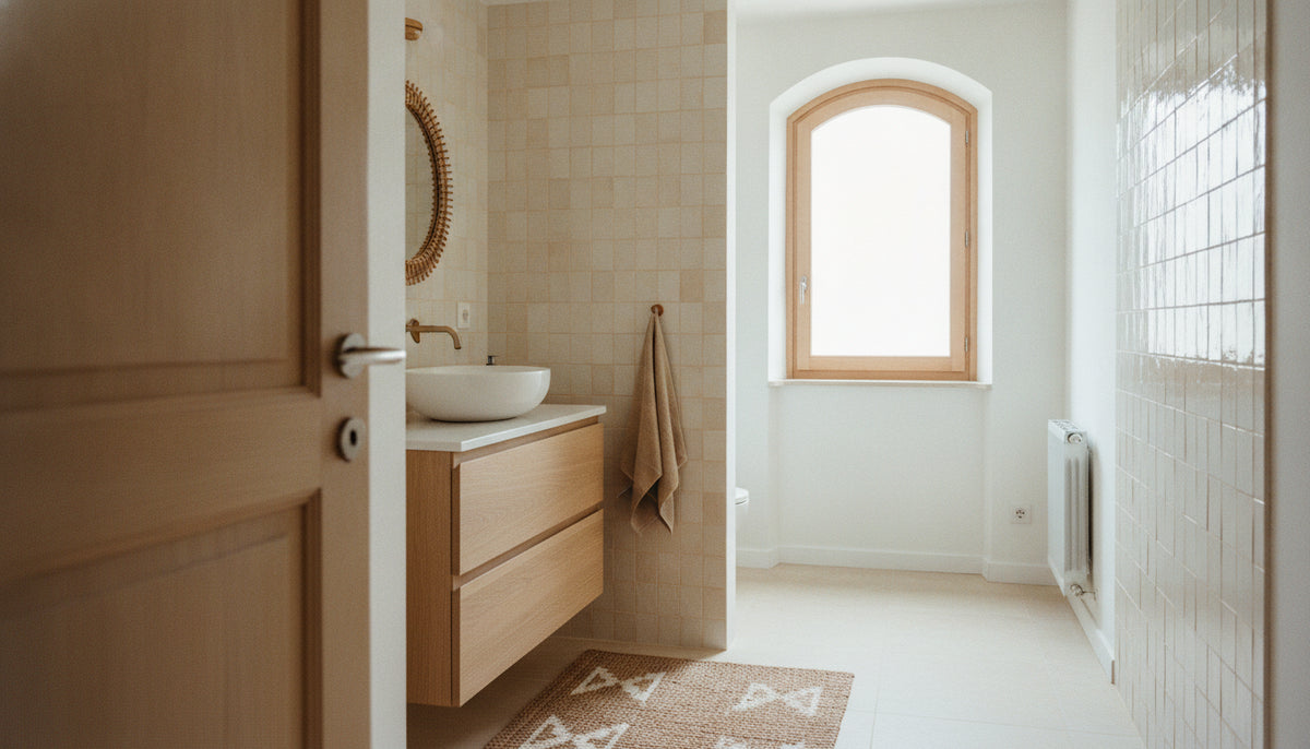 Compact bathroom with an oak vanity unit and a free walkway beside it