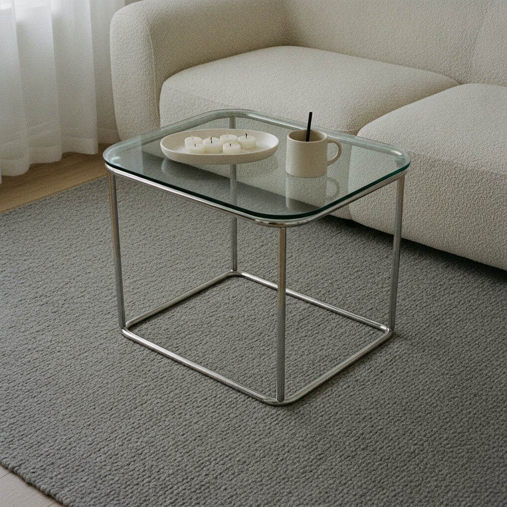 Chrome and glass side table on a grey wool rug beside a boucle sofa