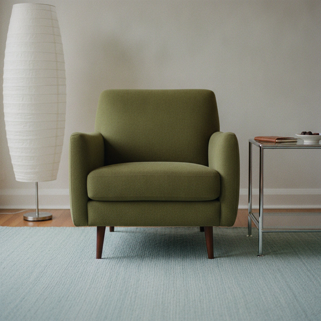 Olive green boucle armchair on a pale blue floor beside a paper floor lamp