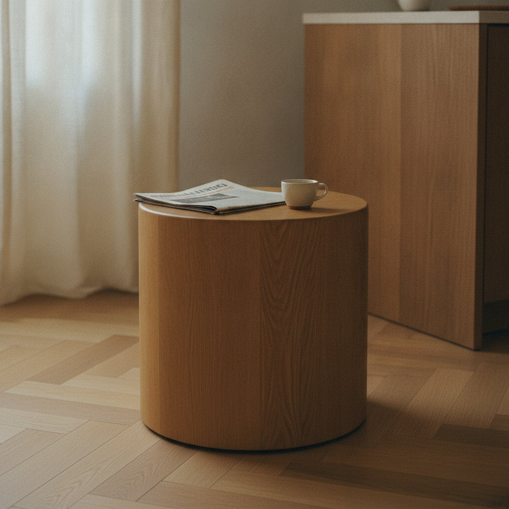 Round oak stool on a herringbone floor with an espresso cup and newspaper on the seat