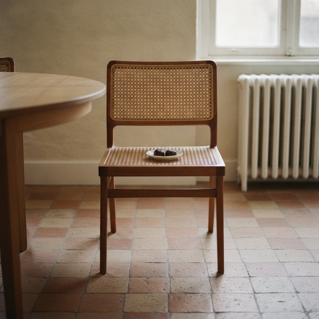 Rattan dining chair on terracotta tiles with a saucer of chocolates on the seat