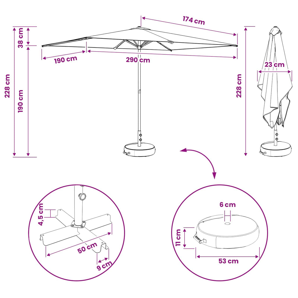 Sibbo – Rechthoekige parasol met voet van polyester en staal